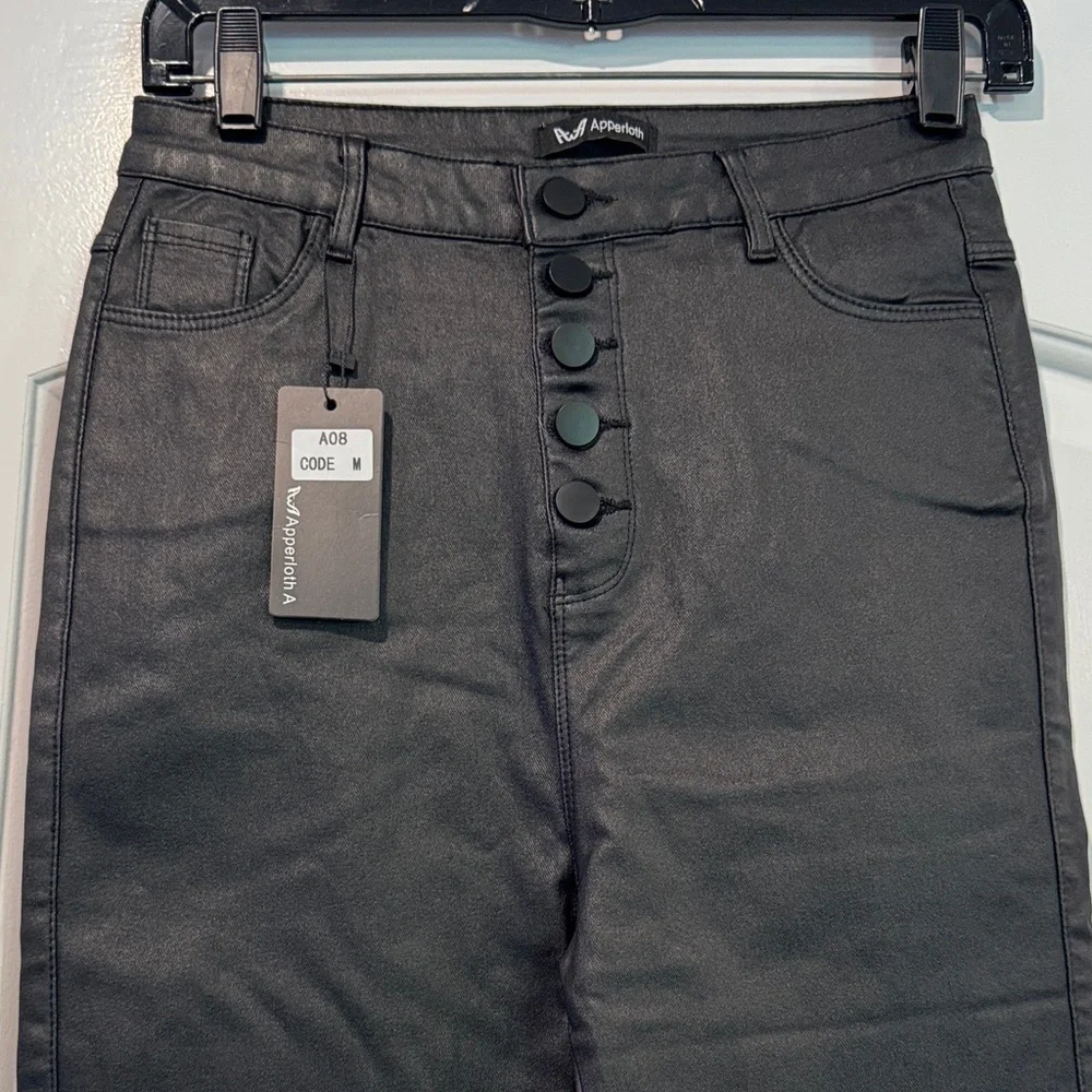 🔵 NWT Apperloth Womens Black Coated High Rise Skinny Ankle Pants Size Medium